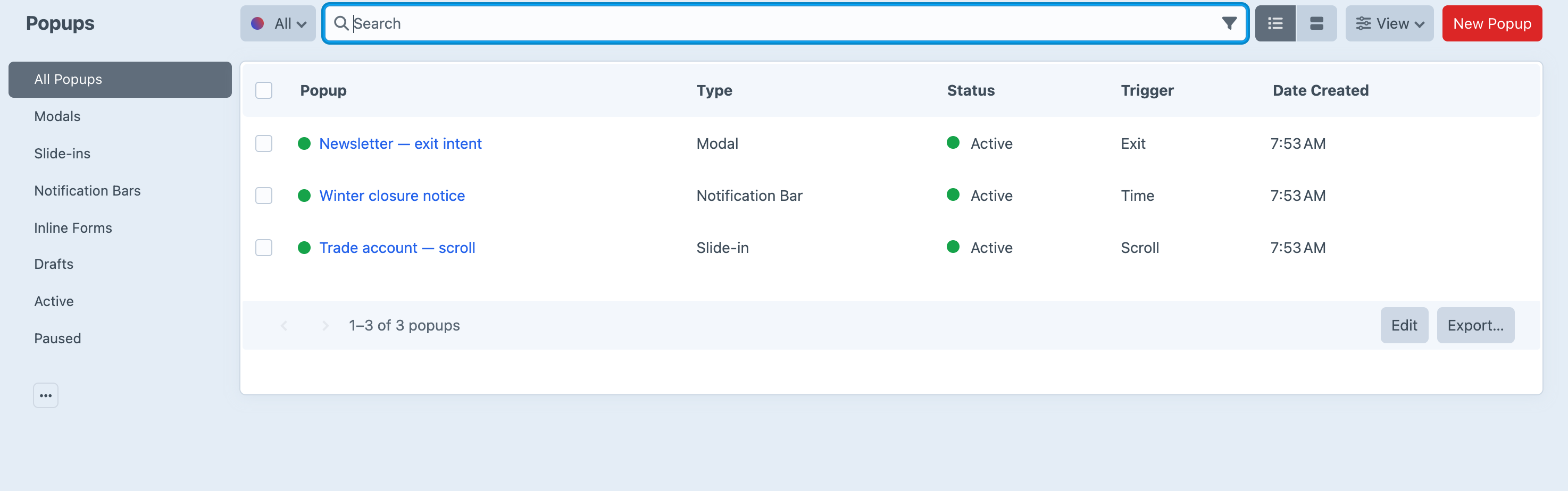 The Leads popups screen in the Craft control panel listing three popups — an exit-intent modal, a time-triggered notification bar and a scroll-triggered slide-in — each with its type, status and trigger, beside a source list for modals, slide-ins, notification bars, inline forms, drafts, active and paused